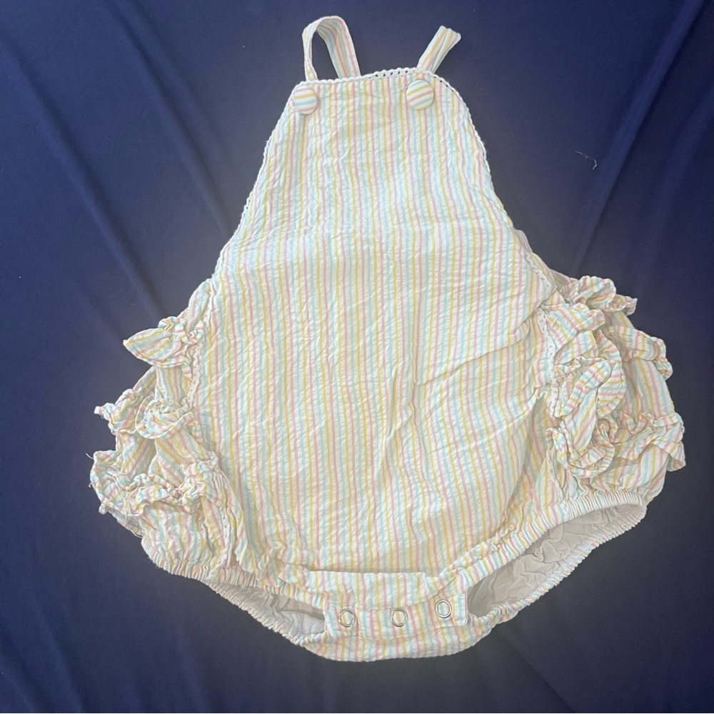 Striped Seersucker Baby Bubble Romper with Ruffle Details 18m